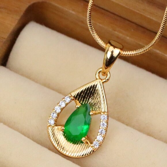 "Teardrop Green Pendant with Sparkling Accents in Gold Finish, XPPT1689 - Picture 1 of 13